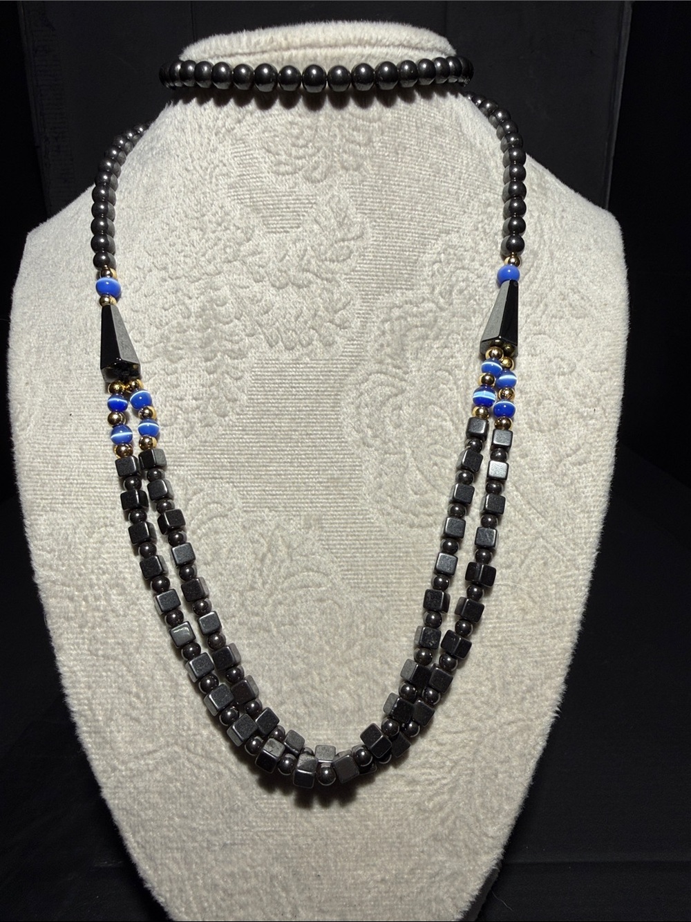Elegant Silver Hematite Beaded Necklace with Blue Accents